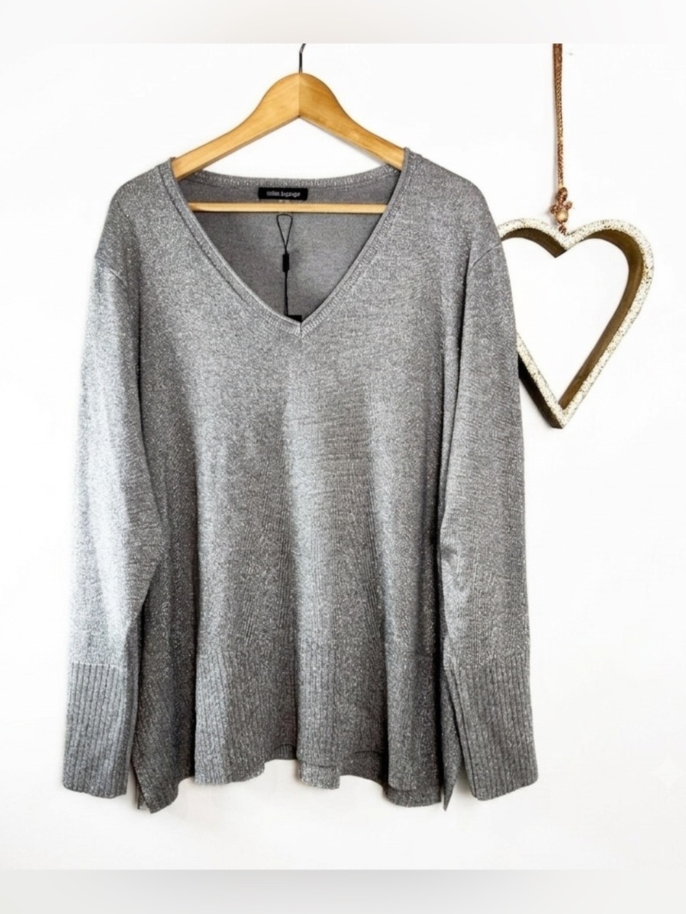 Cable & Gauge Womens Plus Sz 2X V-Neck Sweater Long Sleeved Metallic Gray